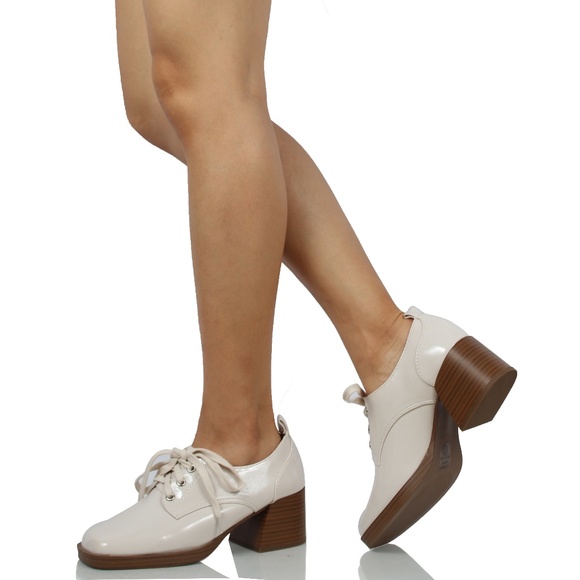 Size 7 Bone Square Top Lace Up Oxford Stacked Block Heel Loafer Shoes - Picture 2 of 6